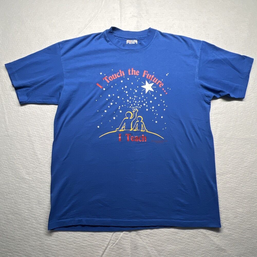 Vintage 80s I Touched The Future… I Teach Blue T-Shirt Teachercore USA - Mens XL